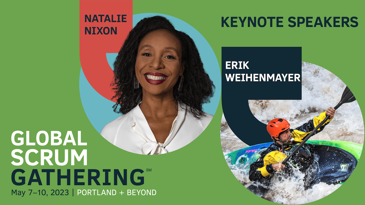 A green graphic showing the portraits of the 2023 keynote speakers for the Global Scrum Gathering in Portland